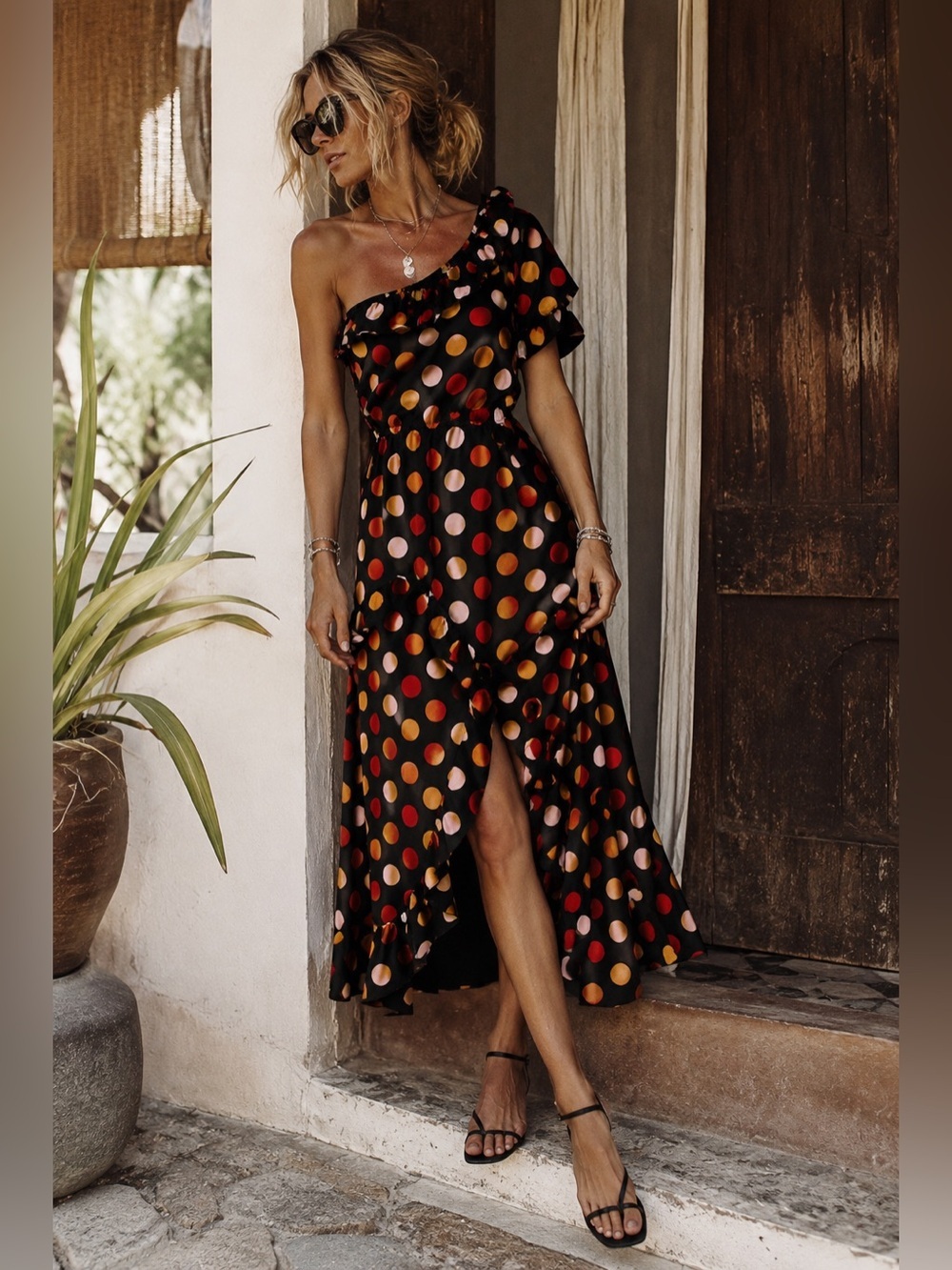 Sam Edelman Polka Dot One Shoulder Midi Sundress Dress Red Black Gold Size 6